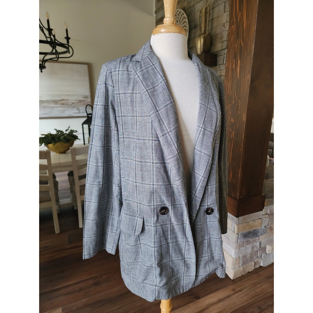 Hashtag Women's Gray Plaid Double Breasted Blazer Size L Lightweight Cotton